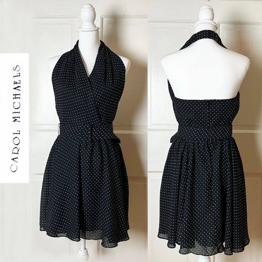 Vintage Carol Michaels Halter Mini Dress | Black w/White Polka Dot Size 6 | EUC
